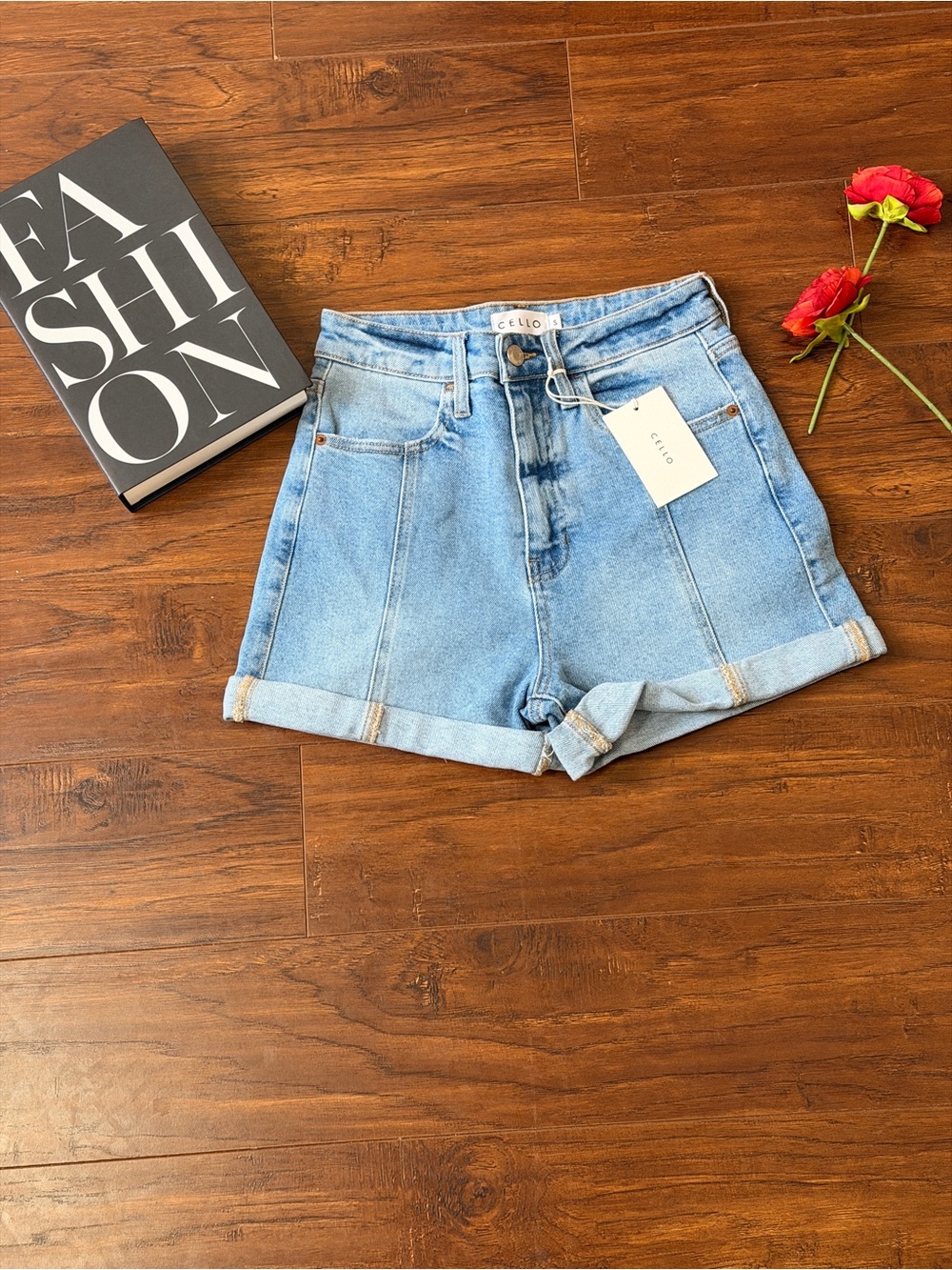 CELLO Light Blue High-Rise Rolled Hem Denim Shorts